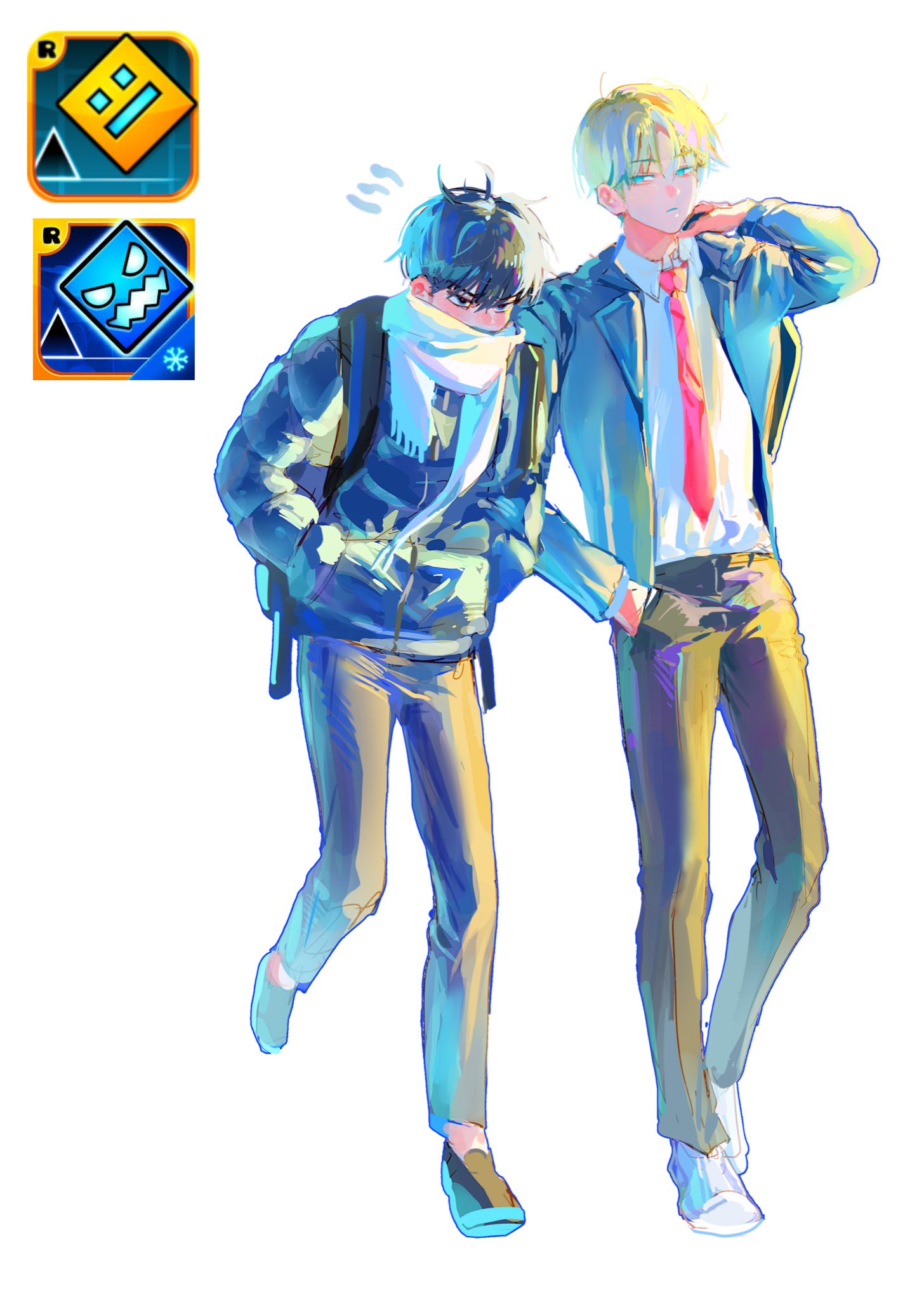 2boys arm_up black_footwear black_pants blonde_hair blue_eyes blue_jacket closed_mouth full_body geometry_dash highres jacket long_sleeves looking_to_the_side multiple_boys necktie pants personification red_necktie scarf school_uniform shoes simple_background sycisycii walking white_background white_scarf wing_collar