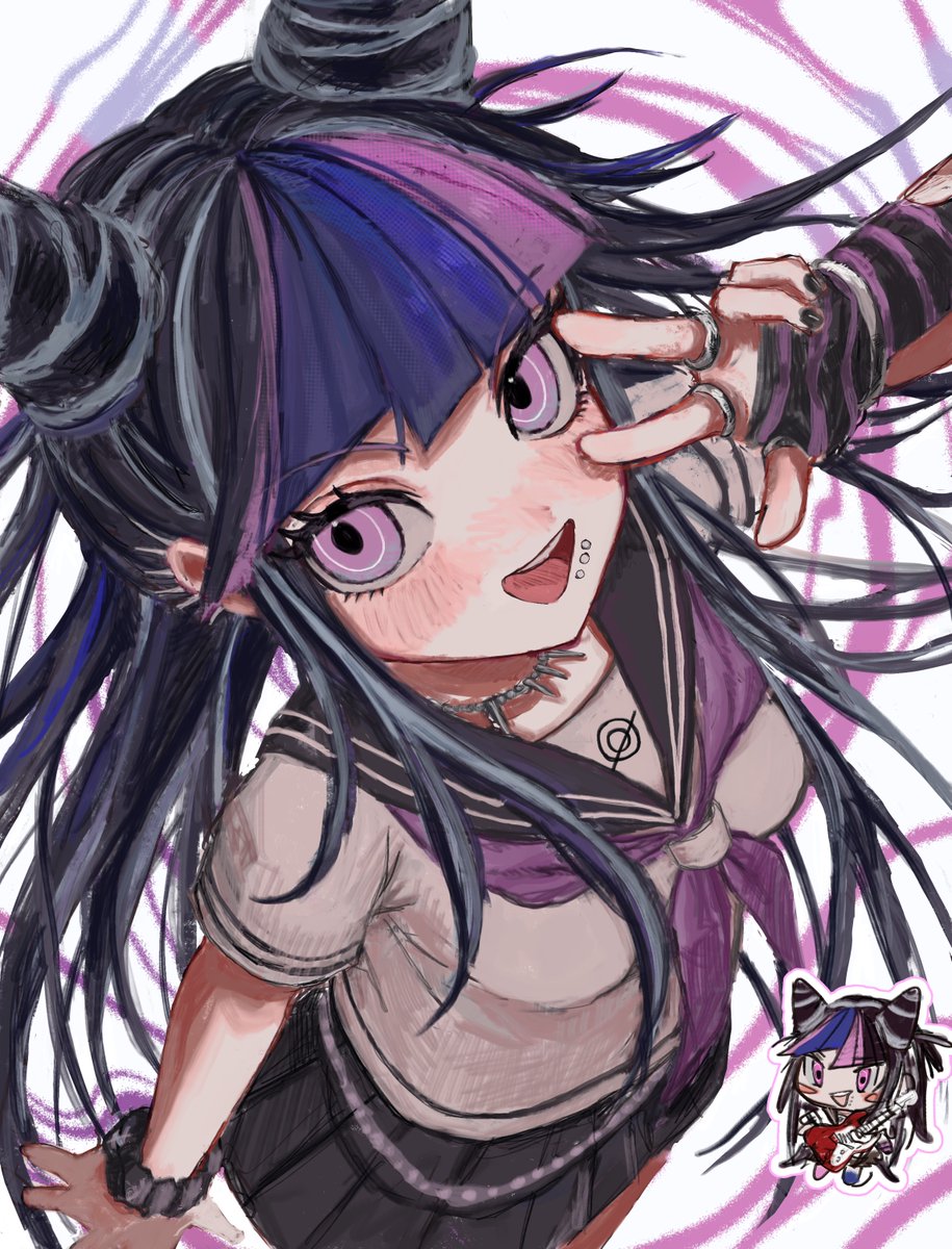 1girl :d arm_warmers b_nosk101 black_arm_warmers black_hair black_nails black_scrunchie black_skirt blue_hair chibi chibi_inset commentary cowboy_shot danganronpa_(series) danganronpa_2:_goodbye_despair ear_piercing hair_horns highres jewelry long_hair looking_at_viewer mioda_ibuki mouth_piercing multicolored_hair multiple_rings neckerchief necklace open_mouth piercing pink_eyes pink_hair pink_neckerchief pleated_skirt ring school_uniform scrunchie serafuku shirt single_arm_warmer skirt smile solo thumb_ring w w_over_eye white_shirt wrist_scrunchie