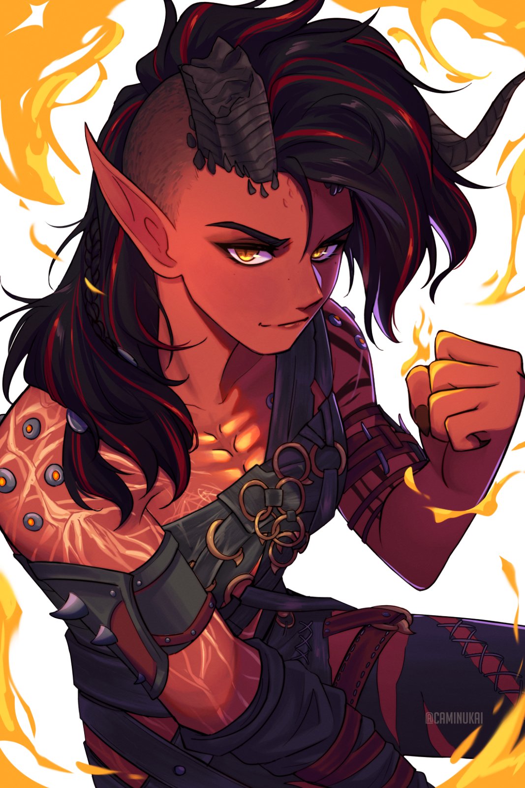 1girl baldur's_gate baldur's_gate_3 black_hair black_horns caminukai closed_mouth colored_skin commentary demon_girl demon_horns dungeons_and_dragons english_commentary fire highres horns karlach long_hair looking_at_viewer multicolored_hair muscular muscular_female pointy_ears red_hair red_skin solo tiefling twitter_username two-tone_hair yellow_eyes
