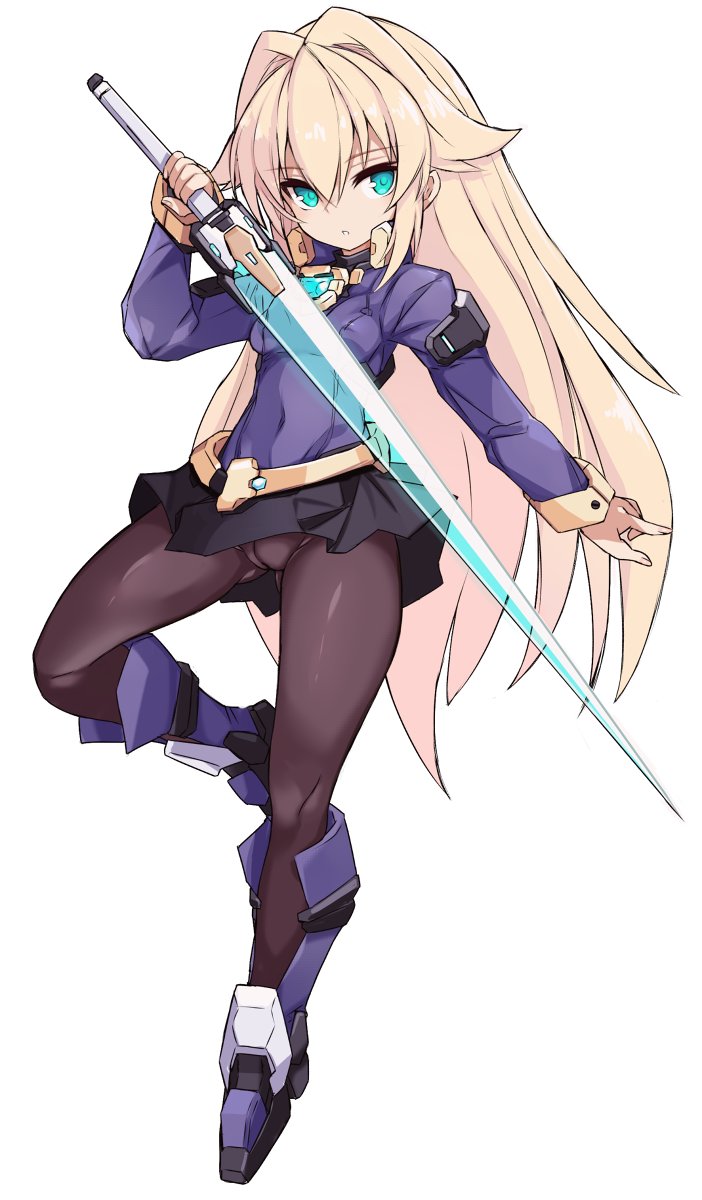 1girl black_pantyhose blonde_hair character_request copyright_request covered_navel full_body green_eyes hair_intakes high_collar highres holding holding_sword holding_weapon karukan_(monjya) long_hair long_sleeves pantyhose skirt solo_focus sword very_long_hair weapon white_background