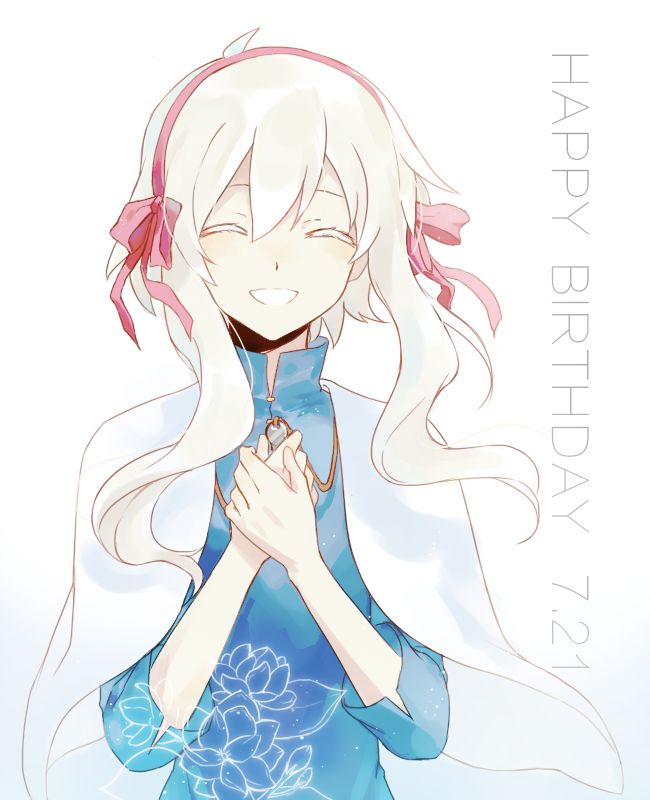1girl :d aaniko blue_dress bow bow_hairband cape chinese_text closed_mouth collared_dress colored_eyelashes commentary dated double-parted_bangs dress facing_viewer flower hair_between_eyes hairband hand_on_own_chest happy_birthday holding holding_key kagerou_project key kozakura_marry long_hair mandarin_collar no_apron open_mouth own_hands_together pink_bow pink_hairband simple_background sleeves_past_elbows smile solo upper_body white_background white_cape