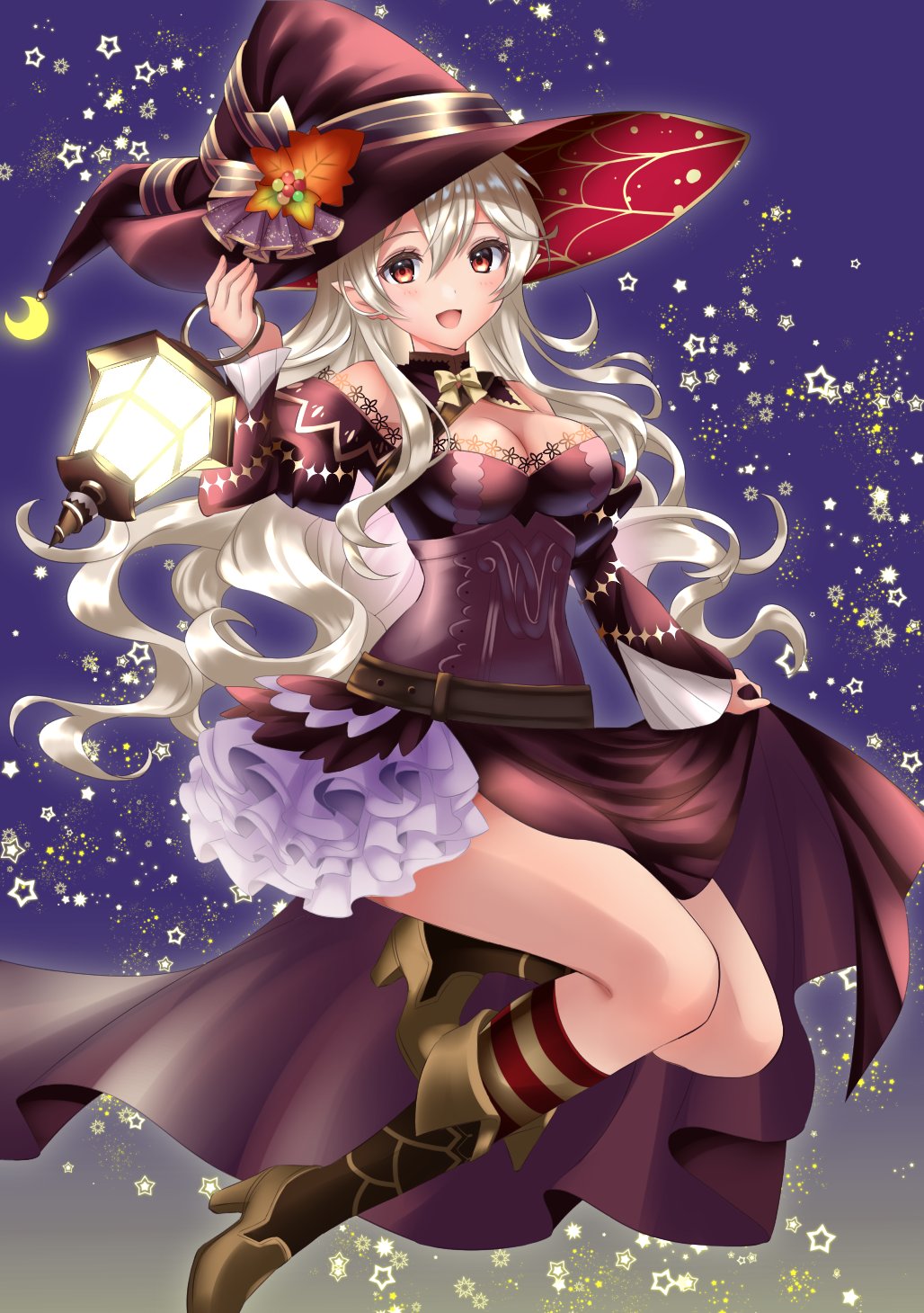 1girl alternate_costume black_dress boots breasts cleavage clothes_lift corrin_(female)_(fire_emblem) corrin_(fire_emblem) dress dress_lift fire_emblem fire_emblem_fates grey_hair halloween halloween_costume hat hat_ribbon high_heel_boots high_heels highres jack-o'-lantern kakiko210 lantern looking_at_viewer medium_breasts open_mouth pointy_ears red_eyes ribbon smile solo star_(sky) witch witch_hat
