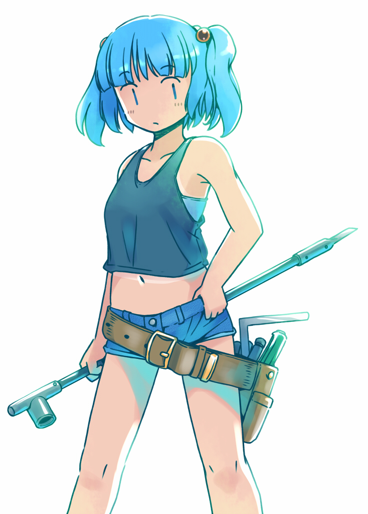 1girl :/ bare_arms bare_legs bare_shoulders belt bloom blue_eyes blue_hair blunt_bangs breasts casual closed_mouth collarbone commentary_request denim denim_shorts expressionless feet_out_of_frame hair_bobbles hair_ornament hand_on_own_hip holding holding_industrial_pipe holding_stick industrial_pipe kawashiro_nitori legs_apart looking_at_viewer midriff navel no_headwear rangycrow short_hair short_shorts shorts sidelighting small_breasts solo standing stick tank_top tool_belt touhou