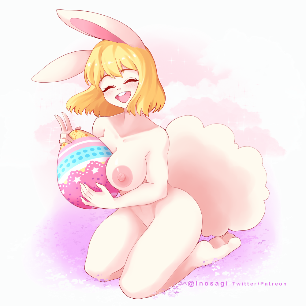 anthro big_breasts blonde_hair breasts carrot_(one_piece) easter easter_egg eyes_closed feet female fluffy fluffy_tail gesture hair holidays inosagi lagomorph leporid mammal one_piece rabbit smile solo tail v_sign