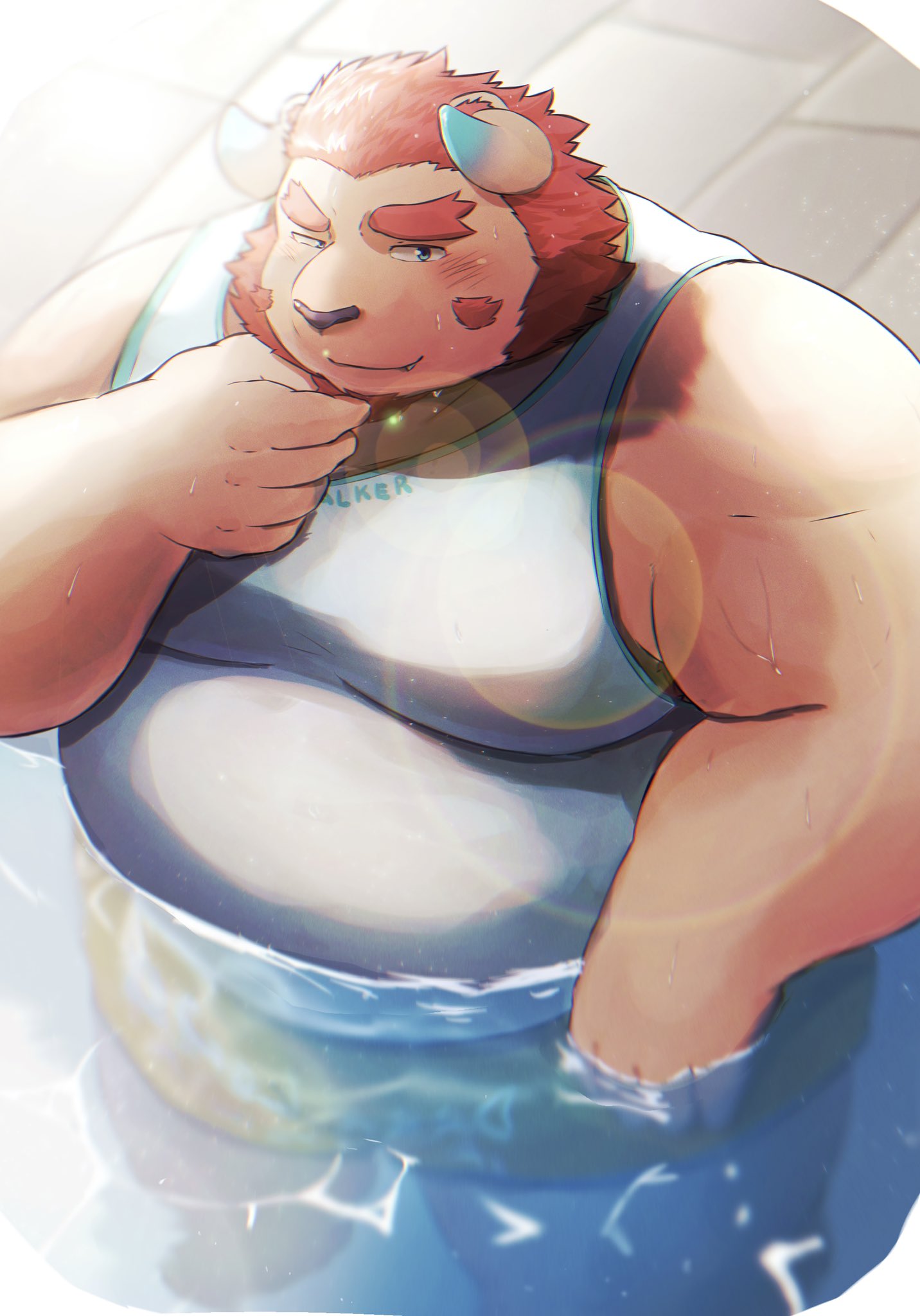 anthro blush chernobog clothing demon eyebrows facial_hair fur hi_res horn lifewonders male metaporin partially_submerged pink_body pink_fur shirt solo tank_top thick_eyebrows tokyo_afterschool_summoners topwear water