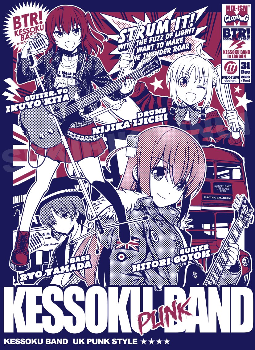 4girls :d ahoge band bass_guitar black_choker black_nails black_necktie black_suit bocchi_the_rock! boots bow bowler_hat bowtie bracelet character_name choker collar collarbone commentary cube_hair_ornament cymbals detached_ahoge dot_nose double-decker_bus drum drum_set drumsticks electric_guitar fender_precision_bass gotoh_hitori guitar hair_ornament hat holding holding_drumsticks holding_instrument holding_microphone ijichi_nijika instrument inui_sekihiko jacket jewelry kita_ikuyo leather leather_jacket microphone microphone_stand mole multiple_girls music necktie one_eye_closed pink_hair poster_(medium) punk red_footwear red_hair red_nails red_skirt rocker-chic shirt side_ahoge skirt smile smirk standing star_(symbol) striped striped_shirt studded_collar suit suspenders union_jack watermark yamada_ryo