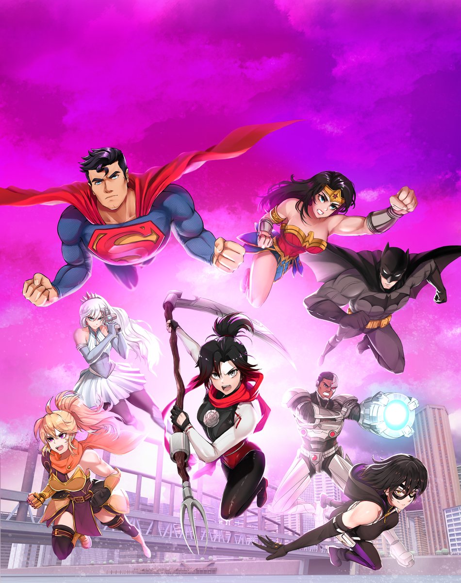 3boys 5girls alternate_hairstyle asymmetrical_clothes asymmetrical_sleeves batman breasts cityscape cleavage crossover cyborg cyborg_(dc) dark-skinned_male dark_skin dc_comics eye_mask flying gun highres holding holding_gun holding_scythe holding_trident holding_weapon justice_league multiple_boys multiple_girls official_alternate_costume official_art purple_sky rwby scythe sky superman weapon wonder_woman