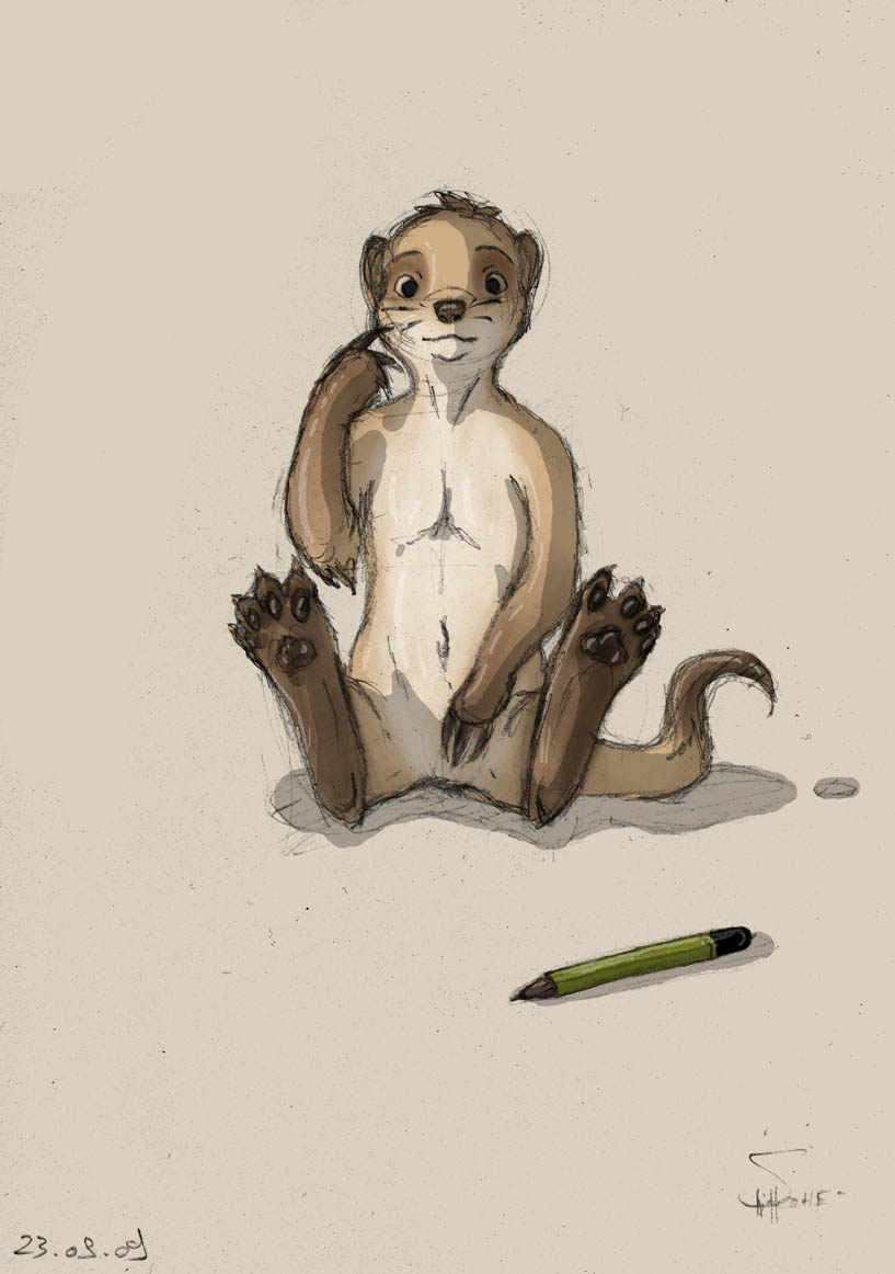 after_transformation brown_body brown_fur claws eleode feral finger_claws fur herpestid male mammal meerkat nude pawpads pencil_(object) simple_background sitting solo toe_claws whiskers