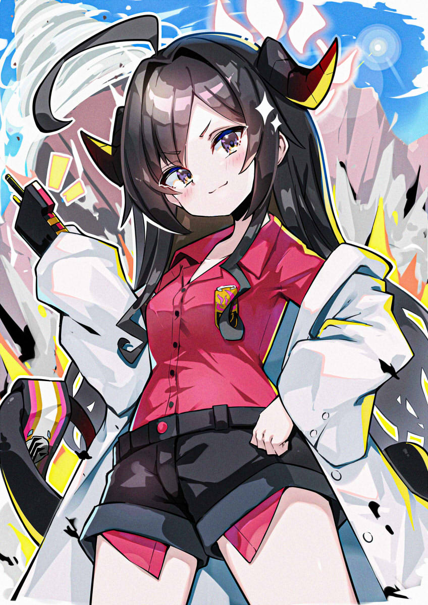 1girl ahoge black_hair black_horns black_shorts black_tail blue_archive blush breasts buttons closed_mouth coat collarbone collared_shirt cowboy_shot demon_horns hair_intakes halo highres horns kasumi_(blue_archive) lab_coat long_hair looking_at_viewer omochishiki red_halo red_shirt shirt shirt_tucked_in shorts sleeves_past_fingers sleeves_past_wrists small_breasts smile solo v-shaped_eyebrows walkie-talkie white_coat yellow_eyes