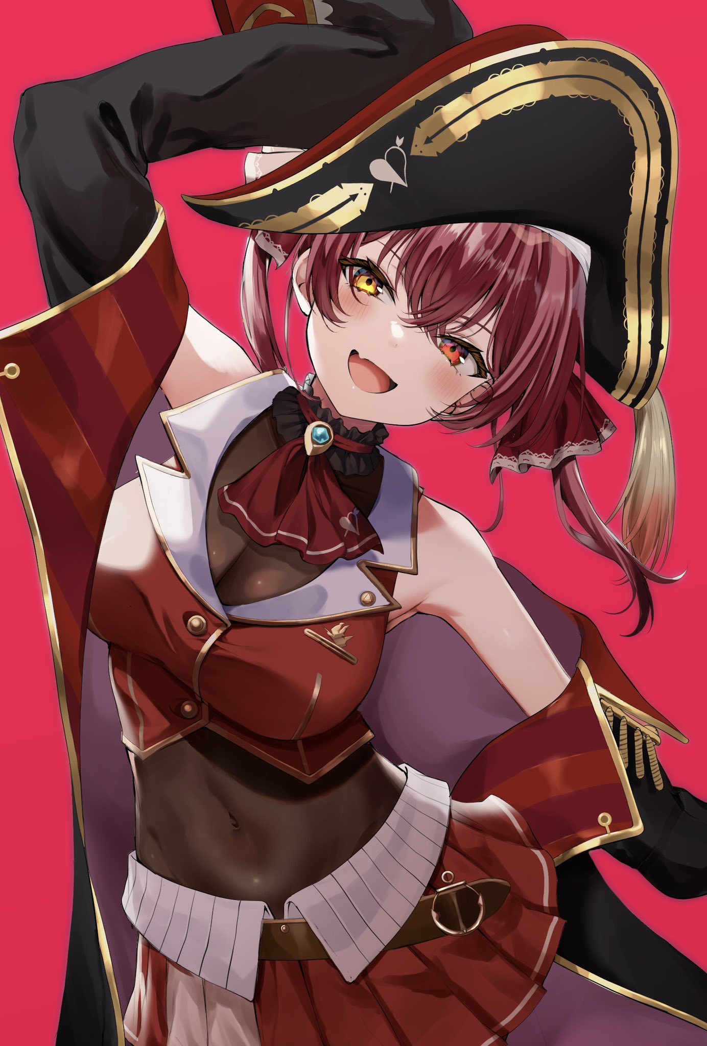 1girl :d arms_under_breasts ascot bare_shoulders belt bicorne black_coat black_headwear blush breasts brooch brown_belt buttons coat coat_partially_removed contrapposto covered_navel cropped_jacket fang frilled_shirt_collar frills gold_trim hair_ribbon hat heterochromia highres hololive houshou_marine jacket jewelry lapel_pin large_breasts leather_belt leotard leotard_under_clothes long_hair looking_at_viewer mia_(fai1510) miniskirt off_shoulder open_mouth pirate pirate_hat pleated_skirt red_ascot red_background red_eyes red_hair red_jacket red_ribbon red_skirt ribbon see-through see-through_leotard see-through_midriff short_twintails simple_background skin_fang skirt sleeveless sleeveless_jacket smile solo twintails virtual_youtuber