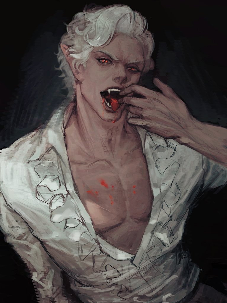 astarion_(baldur's_gate) baldur's_gate baldur's_gate_3 blood blood_in_mouth bodily_fluids clothing elf frilly frilly_clothing hair humanoid kwon_pmo male pecs red_eyes solo vampire white_hair