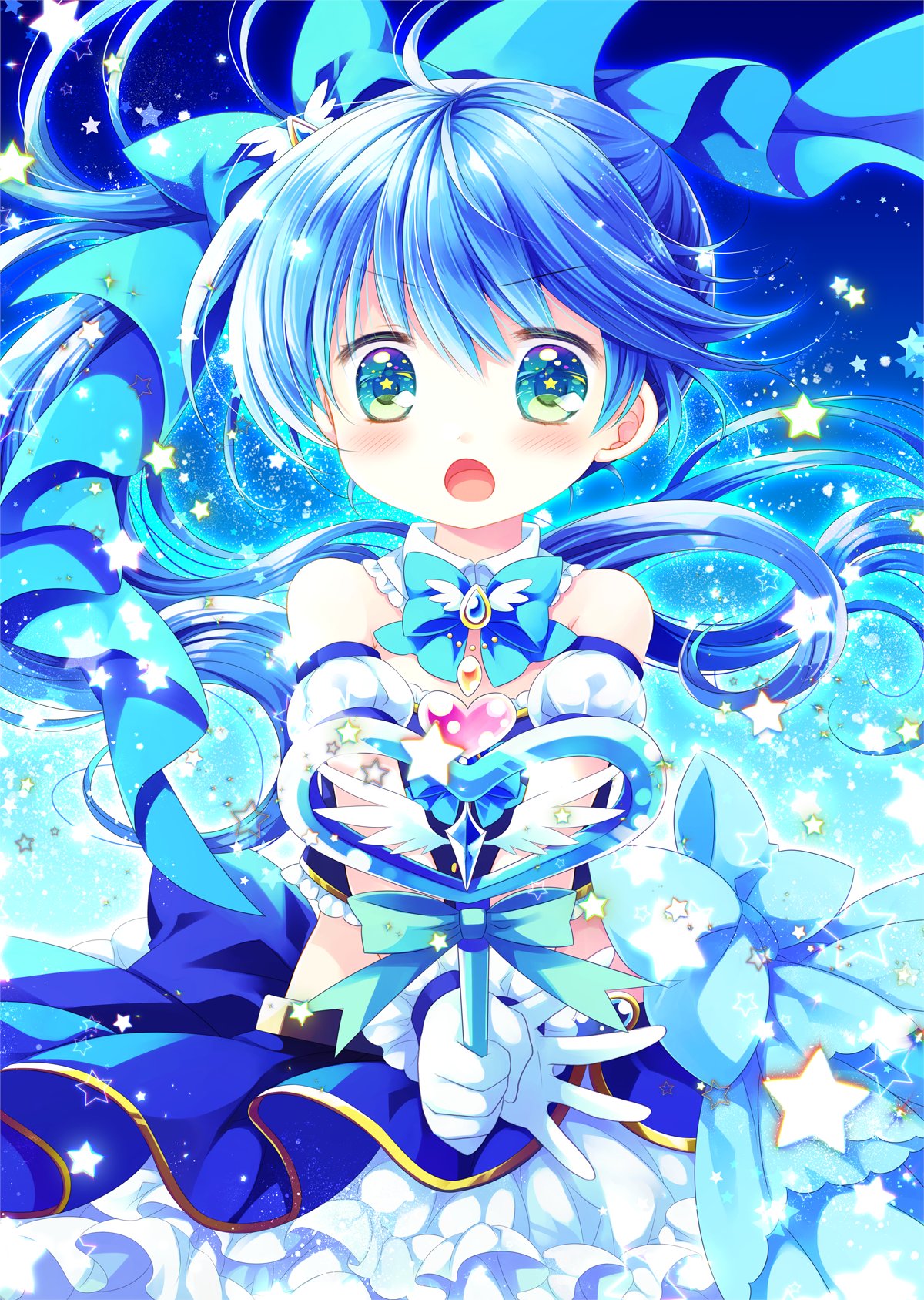 1girl bare_shoulders blue_bow blue_hair blue_skirt blush bow commentary_request copyright_request crop_top detached_sleeves floating_hair gloves green_eyes hair_between_eyes hair_bow heart highres holding holding_wand long_hair midriff puffy_short_sleeves puffy_sleeves sakurazawa_izumi short_sleeves skirt solo star_(symbol) v-shaped_eyebrows very_long_hair wand white_gloves white_sleeves