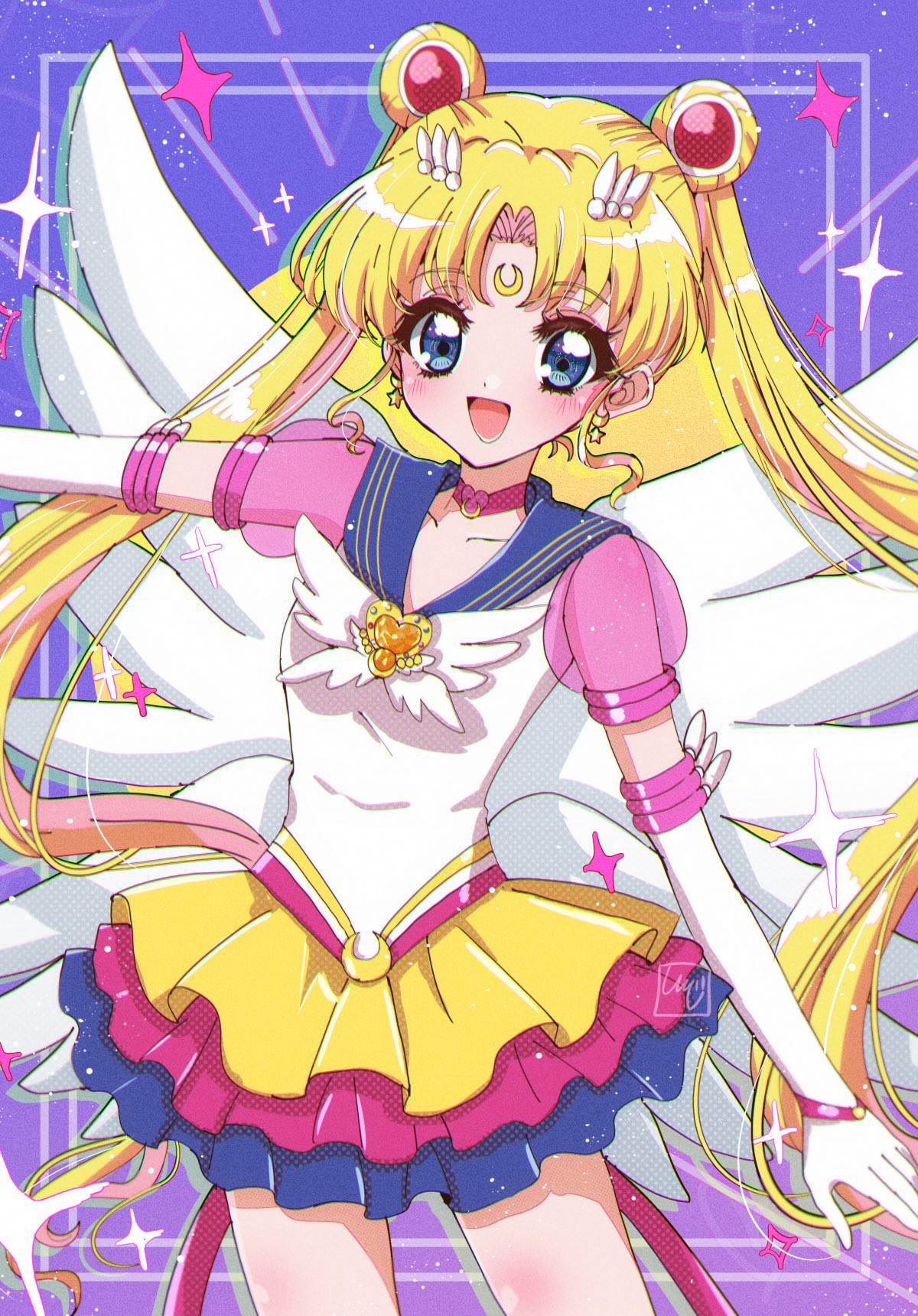 1girl bishoujo_senshi_sailor_moon blonde_hair blue_eyes blue_sailor_collar brooch choker crescent crescent_facial_mark double_bun elbow_gloves eternal_sailor_moon facial_mark gloves hair_bun heart heart_brooch highres jewelry layered_skirt leotard long_hair looking_at_viewer magical_girl red_choker sailor_collar sailor_moon sailor_senshi_uniform shinji_(udonteishoku) skirt smile solo standing tsukino_usagi twintails white_gloves white_leotard wing_brooch wings