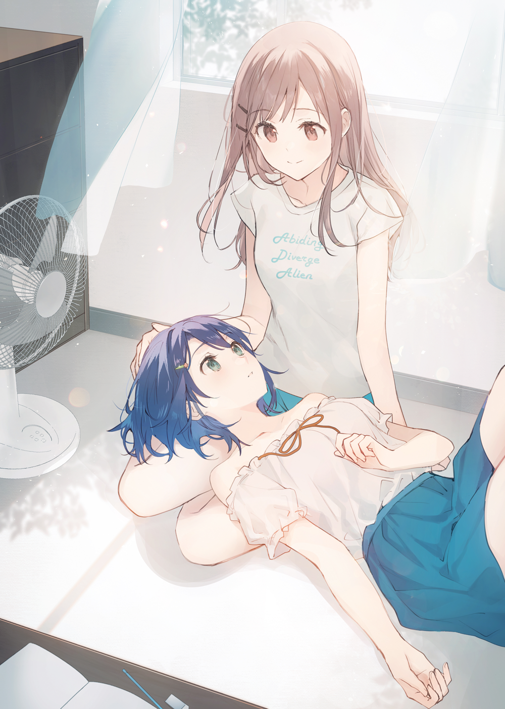 2girls adachi_sakura adachi_to_shimamura bare_shoulders black_hair brown_hair commentary_request cover cover_page curtains electric_fan eye_contact hair_ornament hairpin hand_on_another's_head highres indoors long_hair looking_at_another lying lying_on_another multiple_girls official_art on_back shimamura_hougetsu shirt short_hair short_sleeves sitting smile split_mouth sunlight t-shirt thighs weee_(raemz) window yuri