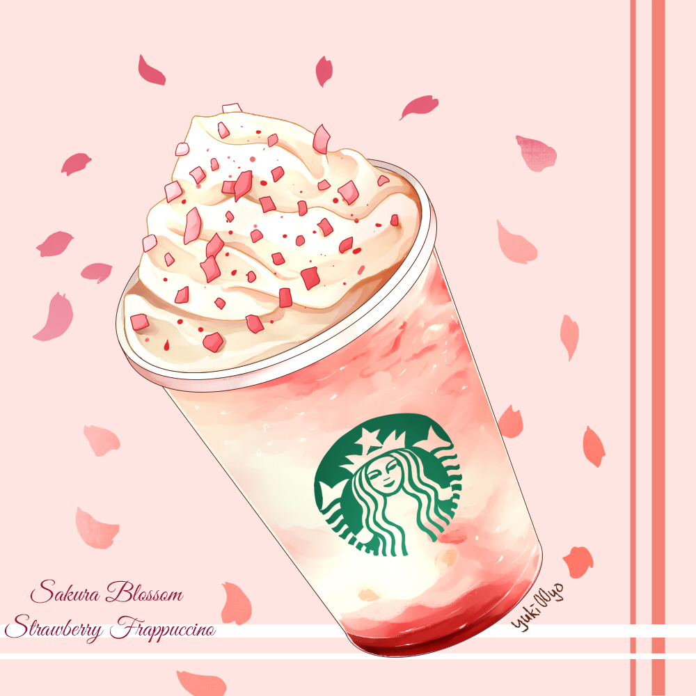 artist_name cherry_blossoms commentary cream cup disposable_cup drink english_text food_focus food_name frappuccino logo no_humans original petals pink_background pink_theme signature simple_background starbucks still_life yuki00yo