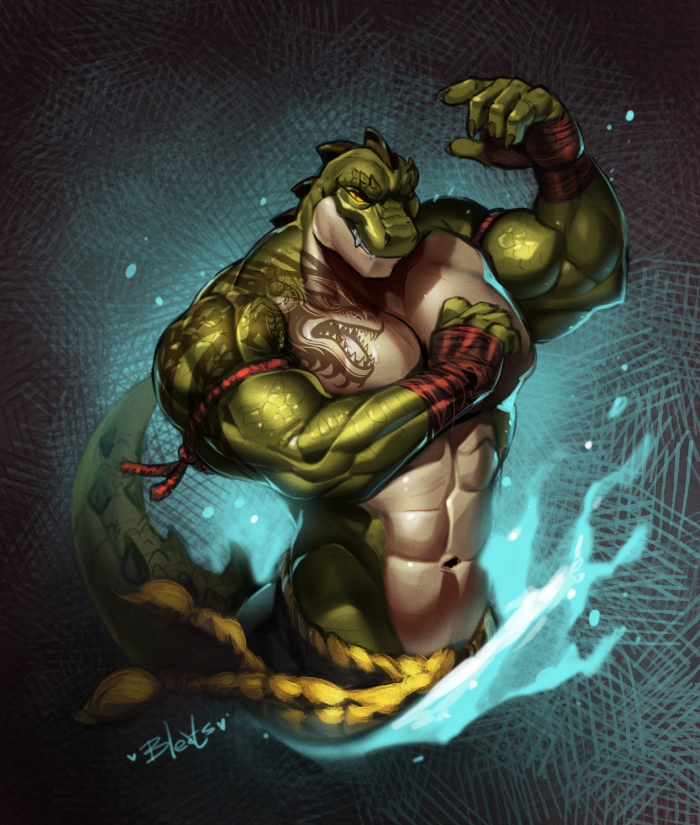 abs anthro big_biceps big_tail bleats crocodile crocodilian crocodylid flexing green_body hand_wraps head_spikes hi_res male multicolored_body muscular muscular_male portrait reptile scales scalie solo spiked_tail spikes spikes_(anatomy) tail tattoo two_tone_body wraps yellow_eyes