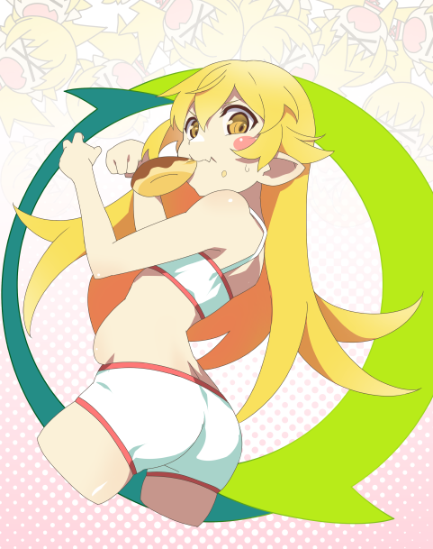 1girl bakemonogatari blonde_hair blush_stickers clenched_hand cropped_legs doughnut fang food food_in_mouth from_side full_stomach gesugesu_ahoaho gradient_background halftone halftone_background hands_up long_hair looking_at_viewer monogatari_(series) mouth_hold oshino_shinobu pink_background shorts skin_fang solo sports_bra white_background white_shorts white_sports_bra yellow_eyes