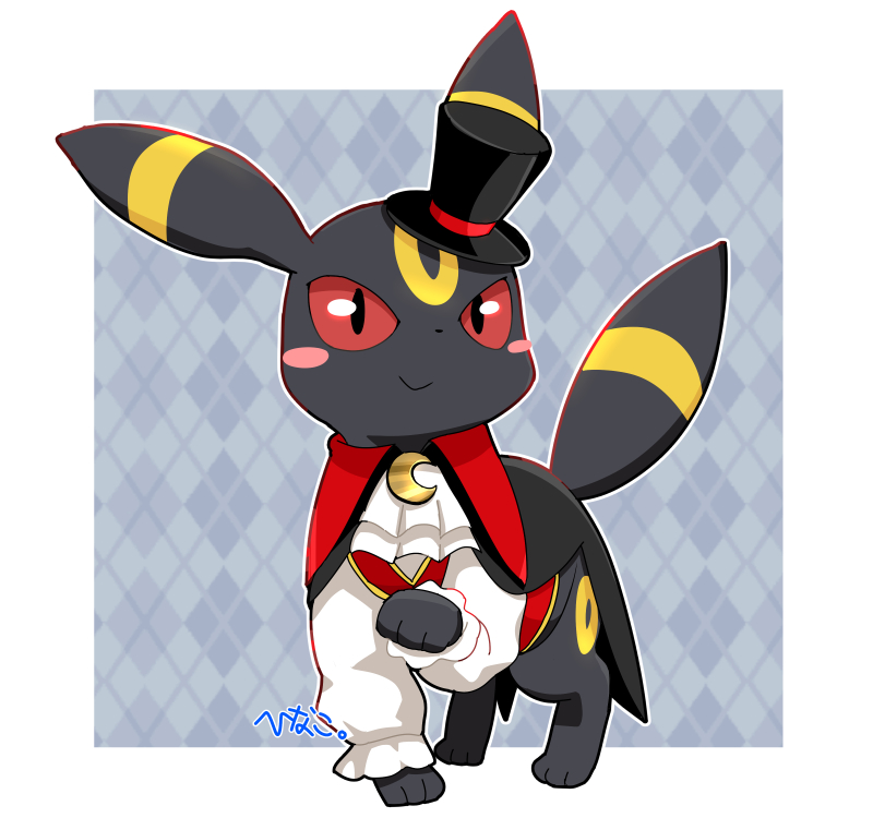 animal_focus animal_nose black_fur blush blush_stickers clothed_pokemon dracula halloween halloween_costume happy hat hinako_iroiro mini_hat mini_top_hat no_humans pokemon pokemon_(creature) pokemon_(game) pokemon_cafe_mix red_eyes smile suit top_hat umbreon umbreon_(halloween) vampire yellow_fur