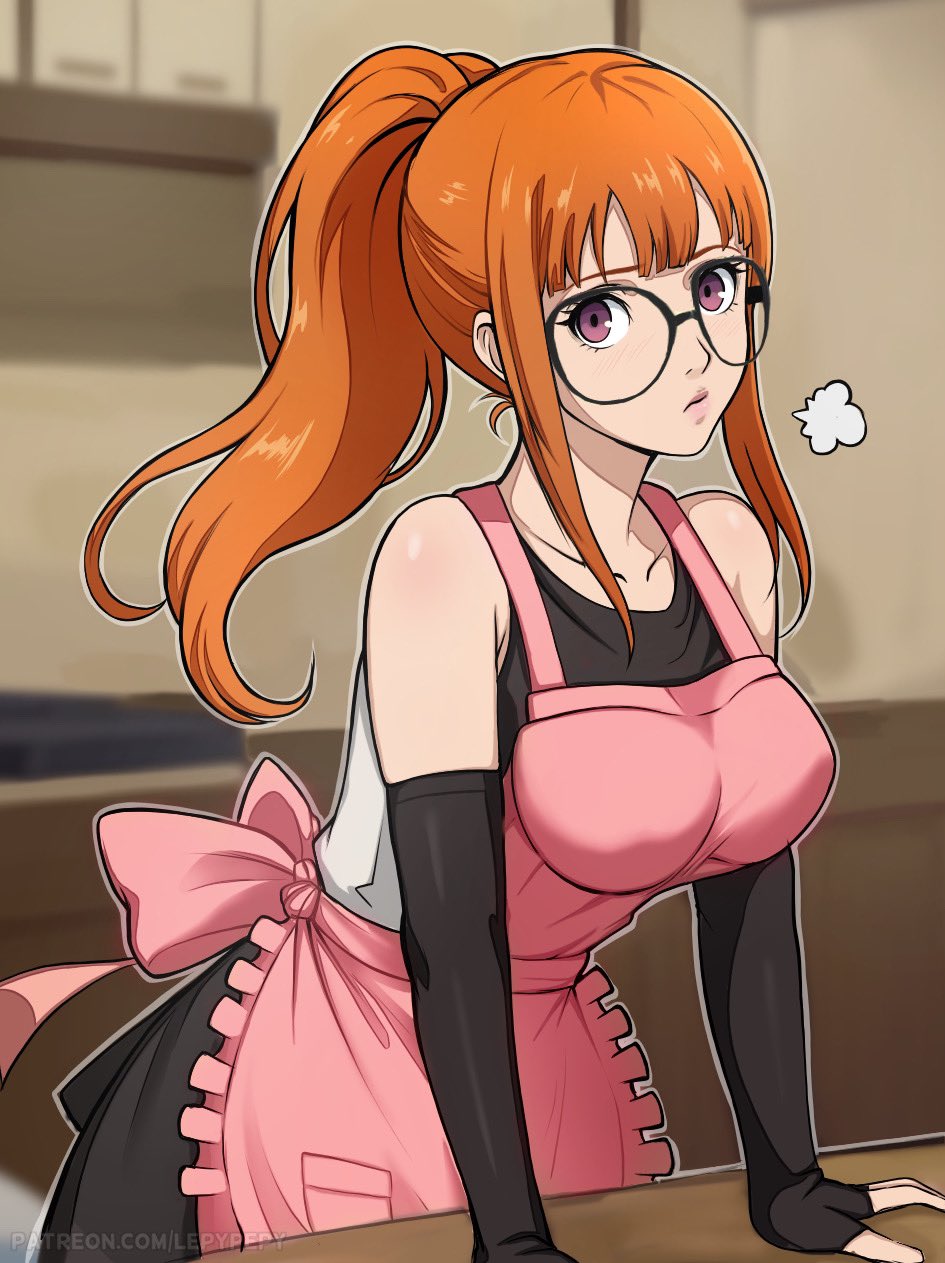 1girl =3 aged_up alternate_breast_size alternate_costume alternate_hairstyle apron black_gloves blurry blurry_background breasts closed_mouth collarbone elbow_gloves fingerless_gloves frilled_apron frills glasses gloves highres lepypepy lips looking_at_viewer medium_breasts orange_hair persona persona_5 pink_apron purple_eyes sakura_futaba solo table