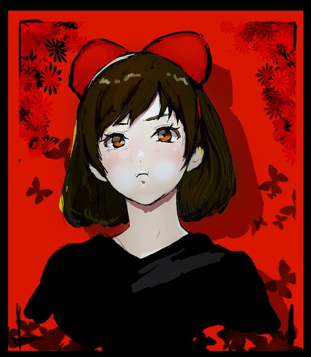 1girl black_border border bow brown_eyes brown_hair bug butterfly commentary_request hair_bow inoitoh kiki_(majo_no_takkyuubin) majo_no_takkyuubin portrait pout puffy_cheeks red_background solo