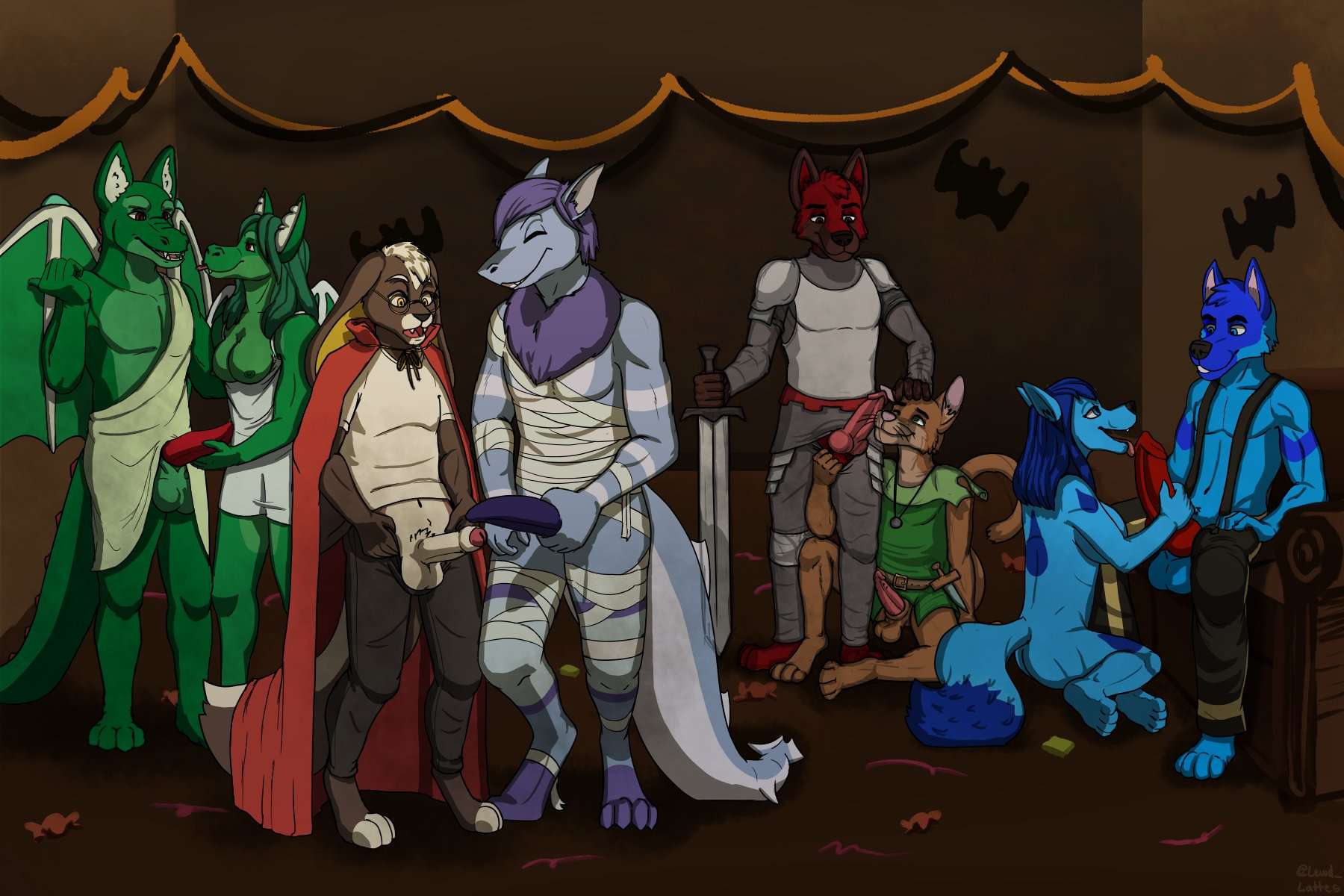 3:2 anthro blaze_wolf canid canine canis costume_party domestic_cat dragon felid feline felis female fish fox frottage genitals group halloween halloween_costume halloween_party hi_res holidays jesse_cat knot lagomorph leo_the_fox leporid lewd_latte male mammal marine oral penile_spines penis rabbit sex shark squill_babbunkuru wolf