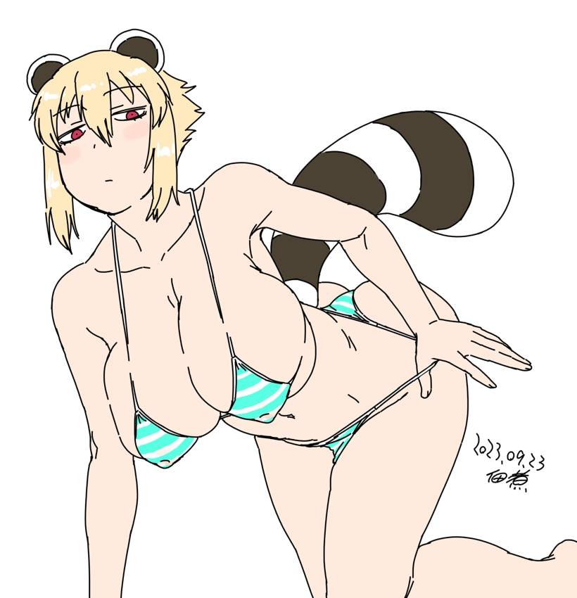 1girl all_fours animal_ears araiguma-san bikini bikini_tug blonde_hair blush breasts commentary_request covered_nipples dated expressionless large_breasts looking_at_viewer navel original raccoon_ears raccoon_girl raccoon_tail red_eyes short_hair sidelocks signature skindentation solo striped striped_bikini striped_tail swimsuit tail tsukudani_(coke-buta) white_background