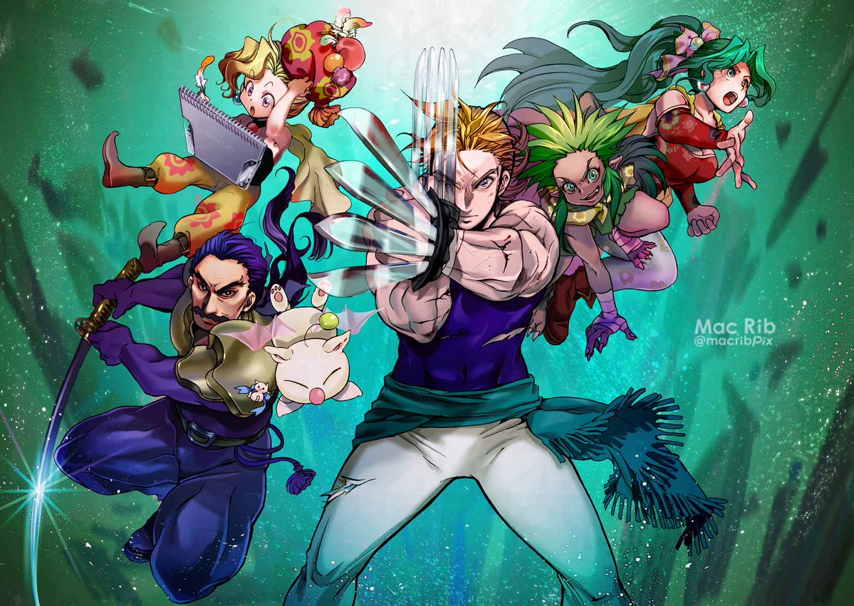 2girls 3boys art_brush bare_shoulders blonde_hair blue_eyes breasts cape cayenne_garamonde closed_mouth detached_sleeves dress earrings final_fantasy final_fantasy_vi gau gloves green_hair hat jewelry long_hair looking_at_viewer macrib mash_rene_figaro moogle multiple_boys multiple_girls open_mouth paintbrush pantyhose ponytail relm_arrowny ribbon short_hair smile strapless sword tina_branford weapon