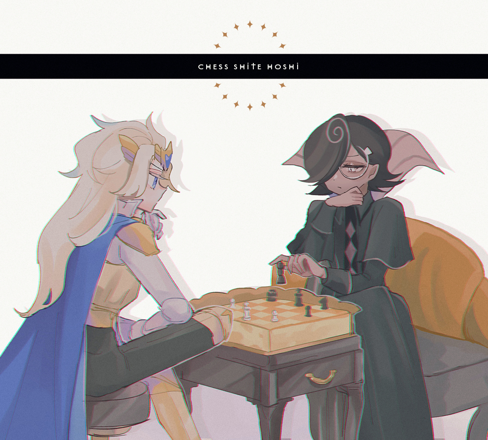 2boys blonde_hair blue_cape blue_gemstone board_game brown_hair cape chess chess_piece circlet closed_mouth collared_shirt cookie_run espresso_cookie eyelashes film_grain from_side gem hair_between_eyes humanization long_hair madeleine_cookie male_focus mamimumemo multiple_boys personification shirt upper_body