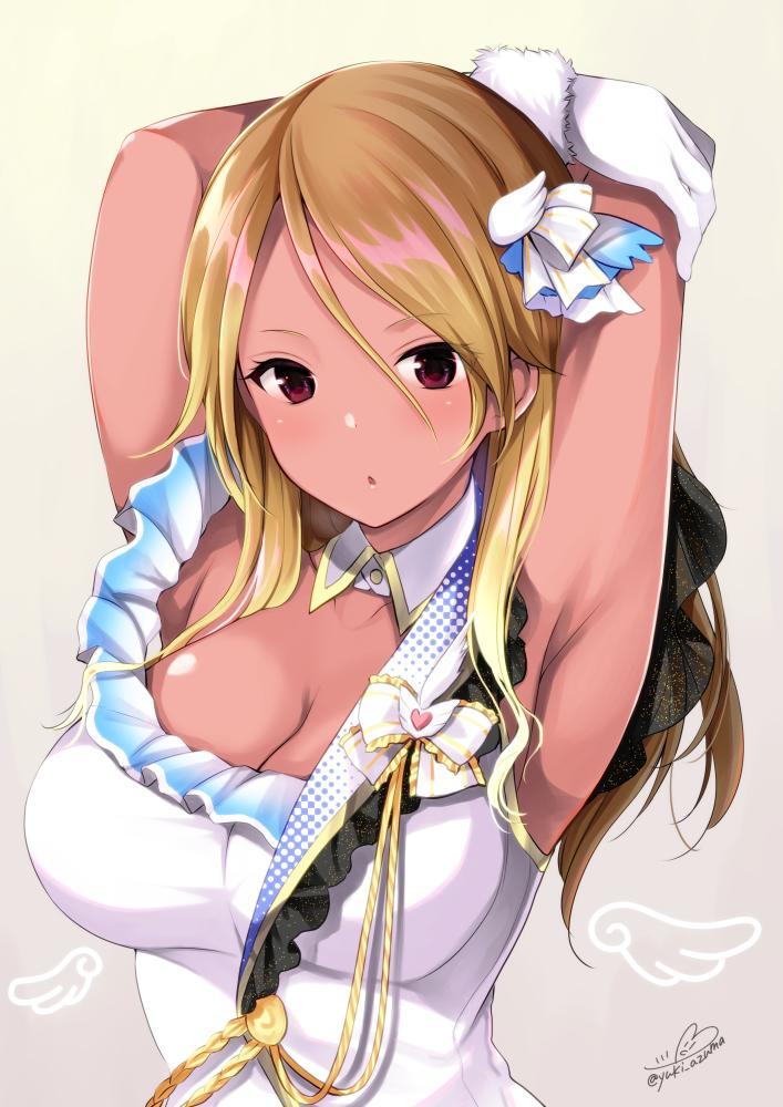 1girl armpits arms_up azuma_yuki beyond_the_bluesky_(idolmaster) black_eyes blonde_hair blue_ribbon blush bow breasts brown_hair cleavage collar collarbone dark-skinned_female dark_skin detached_collar dot_nose dress frilled_dress frills fur-trimmed_gloves fur_trim gloves gradient_background gradient_hair gyaru hair_bow hair_ribbon holding_own_arm idolmaster idolmaster_shiny_colors izumi_mei large_breasts long_hair looking_at_viewer multicolored_hair parted_lips ribbon signature sleeveless sleeveless_dress solo tan upper_body white_collar white_dress white_gloves white_ribbon wing_hair_ornament wings yellow_background