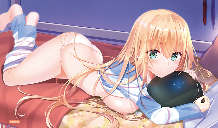 1girl ass barefoot blonde_hair breast_press breasts casual comiket_101 commission crossed_legs curvy green_eyes hair_between_eyes hair_down hair_spread_out heaven_burns_red indoors jacket large_breasts leg_up long_hair long_sleeves looking_at_viewer lying navi_(heaven_burns_red) nipples object_hug on_stomach otou_(otou_san) panties parted_lips shiny_skin sideboob skeb_commission solo straight_hair thighs toujou_tsukasa underwear very_long_hair white_panties