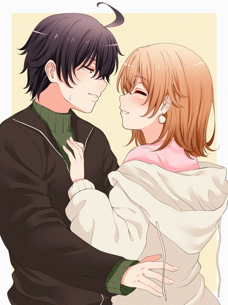 1boy 1girl ahoge black_hair black_jacket blonde_hair blush border clenched_teeth closed_eyes earrings green_sweater hand_on_another's_chest hikigaya_hachiman isshiki_iroha jacket jewelry looking_at_another outside_border pink_sweater profile red_hayao short_hair simple_background single_earring sweater teeth white_border white_jacket yahari_ore_no_seishun_lovecome_wa_machigatteiru. yellow_background