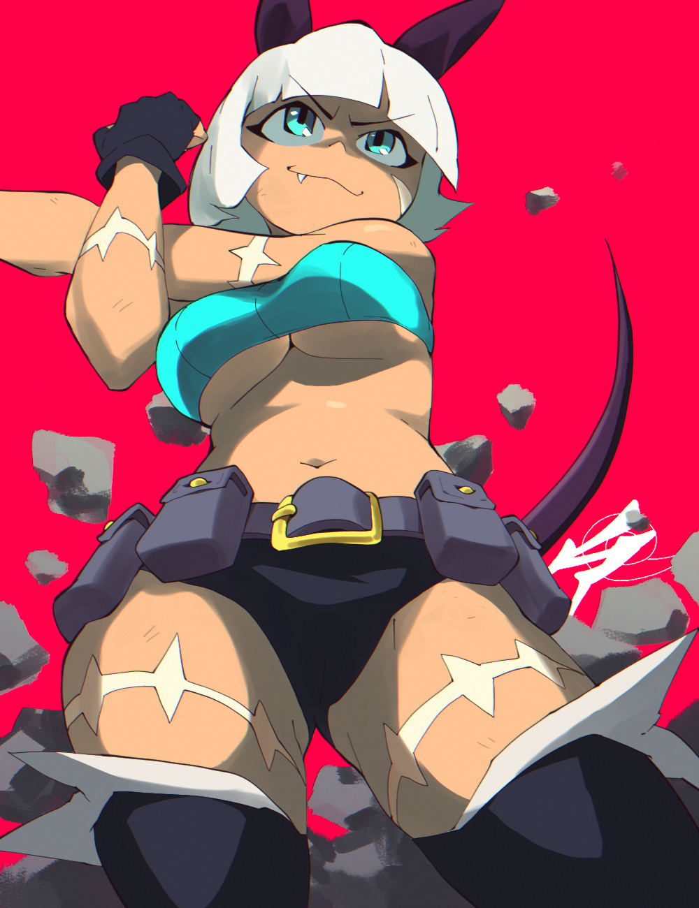 1girl aetherion animal_ears belt black_gloves blue_eyes blunt_bangs breasts fang fang_out fingerless_gloves gloves highres ms._fortune_(skullgirls) navel red_background short_hair simple_background skullgirls solo thighhighs underboob utility_belt white_hair