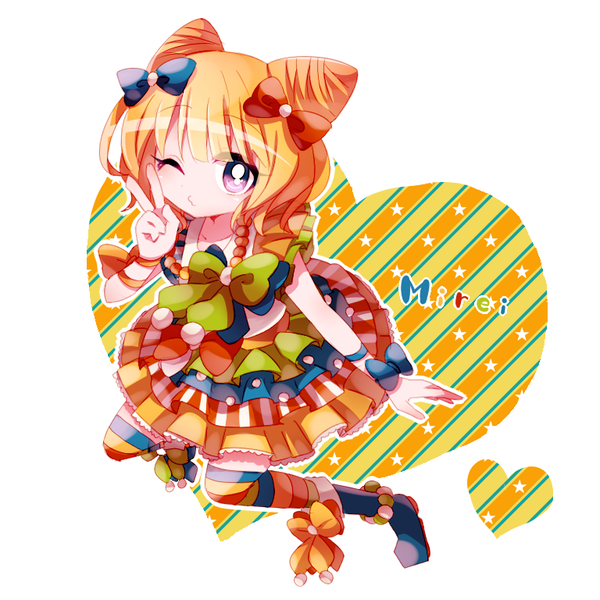 1girl arm_ribbon blonde_hair blue_bow blue_footwear boots bow character_name closed_mouth commentary_request cone_hair_bun double_bun dress dress_ribbon green_ribbon hair_bow hair_bun heart layered_dress minami_mirei multicolored_clothes multicolored_dress multicolored_legwear multiple_hair_bows one_eye_closed orange_ribbon polka_dot pretty_(series) pripara purple_eyes red_bow ribbon short_sleeves solo striped striped_thighhighs thighhighs usagi_nui v yellow_ribbon