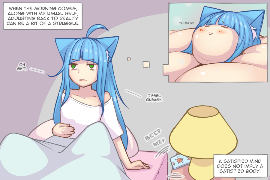 ahoge animal_humanoid bed bedding blanket blue_hair blush blush_lines cat_humanoid clothing comic dialogue dream eyes_closed felid felid_humanoid feline feline_humanoid female frown furniture green_eyes hair humanoid inner_monologue lamp mammal mammal_humanoid morbidly_obese morbidly_obese_female morbidly_obese_humanoid motion_lines myu_(pixiveo) nightstand obese obese_female obese_humanoid overweight overweight_female overweight_humanoid phone pixiveo profanity shirt smile solo text topwear weight_gain