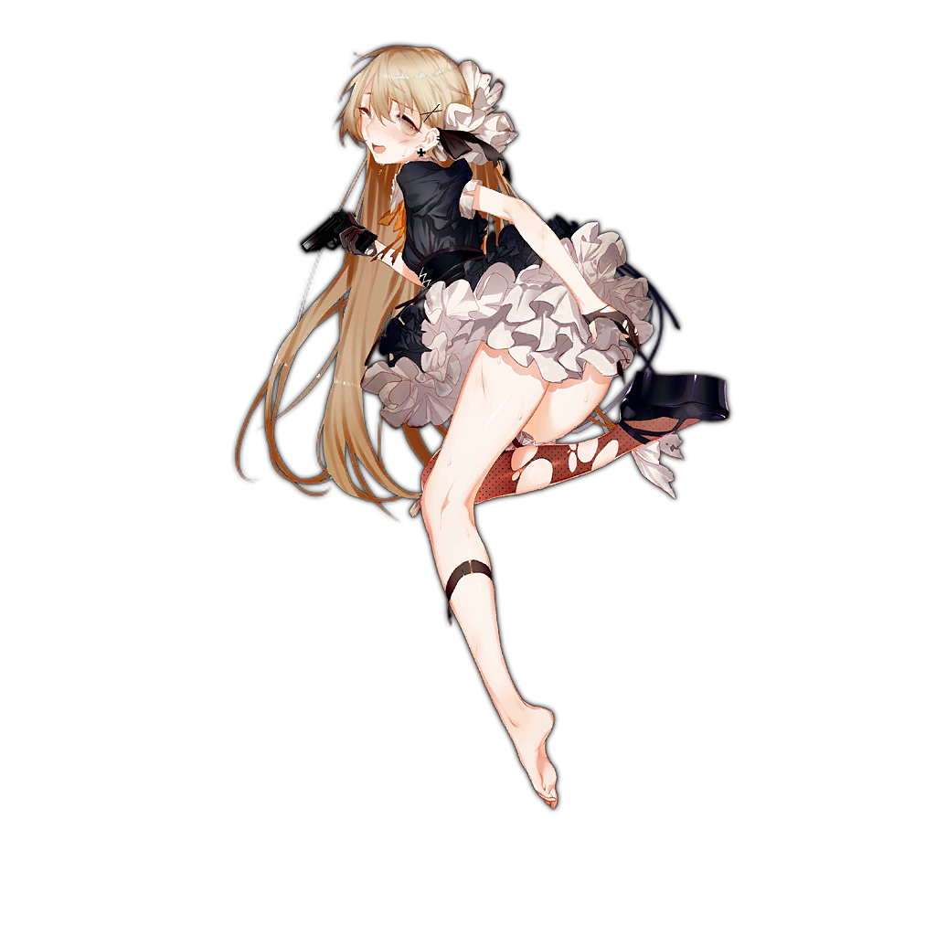 1girl ankle_strap black_bow black_dress black_footwear black_gloves black_ribbon bow breasts brown_eyes corset damaged defeat dress earrings frilled_thighhighs frills full_body girls'_frontline gloves gun hair_ornament hairclip handgun holding holding_gun holding_weapon horikwawataru jewelry leg_up light_brown_hair looking_at_viewer looking_back maid_headdress official_art open_mouth orange_bow orange_ribbon platform_footwear ppk_(girls'_frontline) puffy_short_sleeves puffy_sleeves revision ribbon shoes short_sleeves single_shoe single_thighhigh small_breasts solo standing standing_on_one_leg sweat teeth thighhighs torn_clothes transparent_background walther walther_ppk weapon white_bow white_ribbon x_hair_ornament
