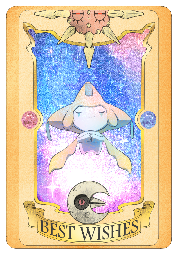 blue_gemstone border closed_eyes creature english_text facial_mark gem jirachi mew2 no_humans pokemon pokemon_(creature) red_eyes red_gemstone smile solrock star_(symbol) tarot white_border