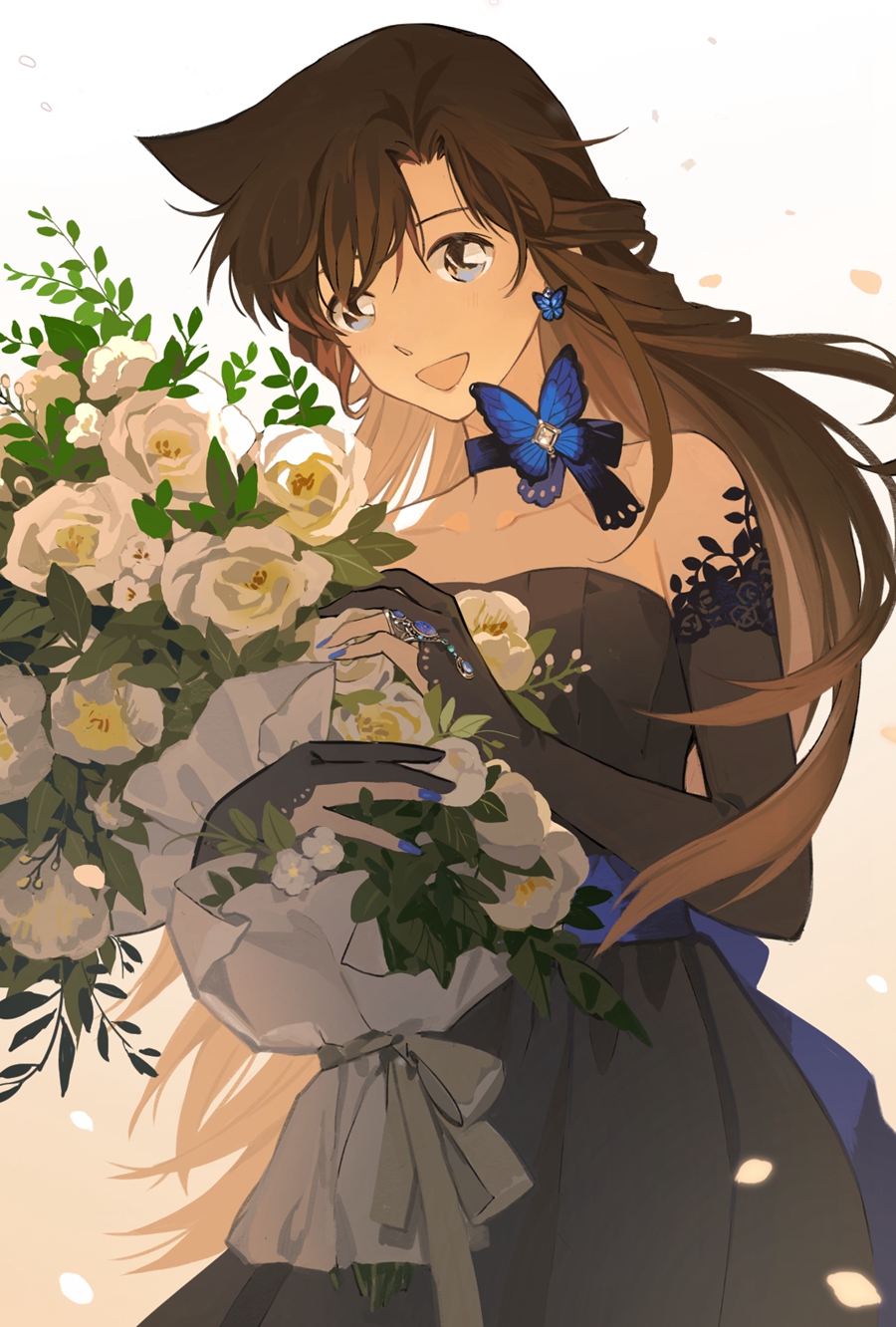 1girl bare_shoulders black_dress blue_eyes blue_nails bouquet breasts brown_hair butterfly_choker butterfly_earrings collarbone cowboy_shot detached_sleeves dress earrings falling_petals flower gloves gradient_background hair_between_eyes highres holding holding_bouquet jewelry loli_bushi long_hair looking_at_viewer medium_breasts meitantei_conan mouri_ran nail_polish open_mouth parted_bangs partially_fingerless_gloves petals rose smile solo spiked_hair strapless strapless_dress white_flower white_rose