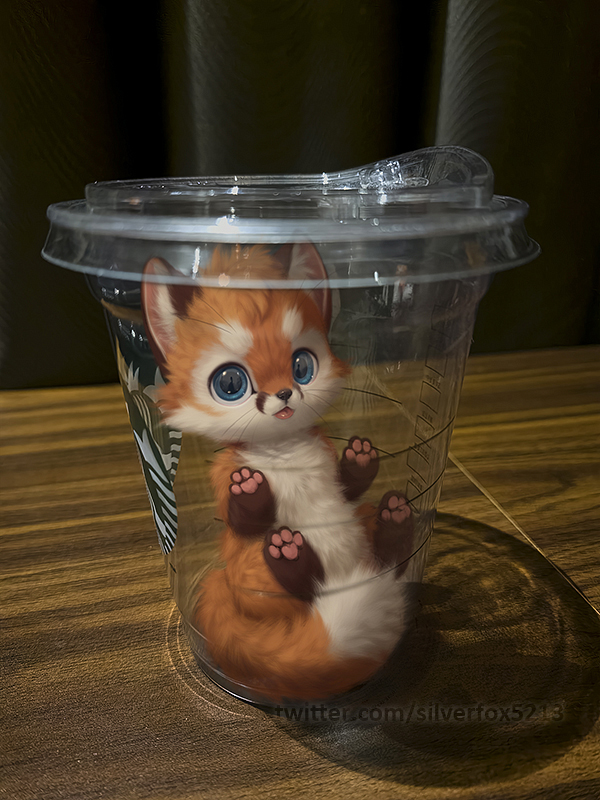 2023 big_eyes big_nug big_pupils blep canid canine chibi container cup cute_expression cute_eyes feral fluffy fox fur furniture in_container in_cup inside looking_at_viewer male mammal nude pawpads photo_background photography_(artwork) pupils real shadow silverfox5213 solo starbucks table text tongue tongue_out tuft url whiskers