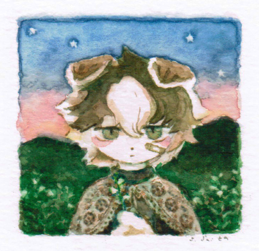 1boy animal_ears animal_nose bandaid bandaid_on_cheek bandaid_on_face blue_sky blush_stickers body_fur border borrowed_character brown_capelet brown_eyes brown_hair capelet closed_mouth commission dog_boy dog_ears english_commentary floppy_ears flower furry furry_male gradient_sky grass hair_between_eyes half-closed_eyes hand_up hill holding holding_flower jitome lace-trimmed_capelet lace_trim looking_at_viewer male_focus multicolored_hair multicolored_sky original outdoors painting_(medium) pink_sky print_capelet rounded_corners scenery sky slit_pupils solo star_(sky) star_(symbol) straight-on toshoneko traditional_media twilight two-tone_hair upper_body white_border white_flower white_fur white_hair