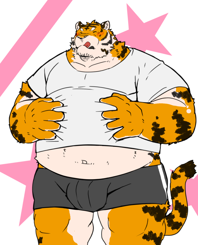 2023 anthro araiguma_11 belly big_belly blush bulge clothing eyes_closed felid humanoid_hands kemono male mammal overweight overweight_male pantherine shirt solo tiger tongue tongue_out topwear underwear