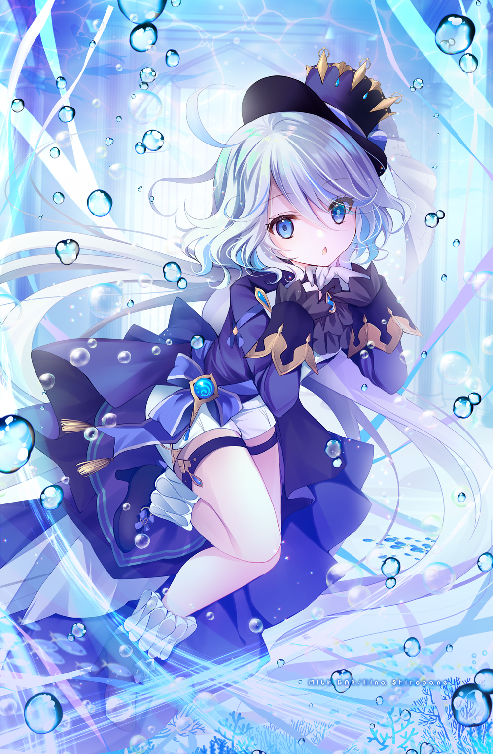 1girl air_bubble blue_eyes blue_footwear blue_headwear blue_jacket bubble chestnut_mouth commentary_request eyes_visible_through_hair furina_(genshin_impact) genshin_impact gloves grey_hair hair_over_one_eye hands_up hat heterochromia high_heels highres jacket long_sleeves looking_at_viewer parted_lips shirogane_hina shoes short_shorts shorts sleeves_past_wrists solo thigh_strap tilted_headwear top_hat white_gloves white_shorts