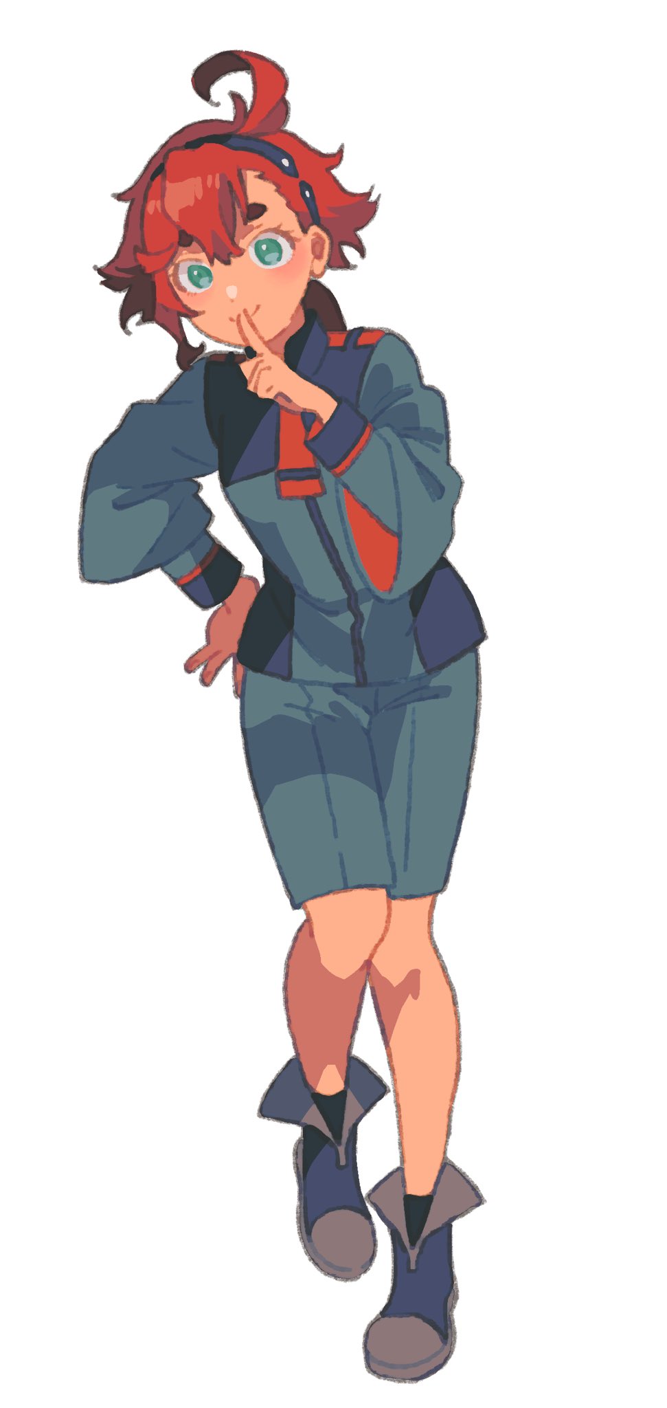 1girl ahoge aqua_eyes asticassia_school_uniform black_hairband boots closed_mouth commentary_request dou_(mame_eee) finger_to_mouth full_body green_jacket green_shorts gundam gundam_suisei_no_majo hair_between_eyes hairband hand_on_own_hip highres jacket long_hair long_sleeves looking_at_viewer low_ponytail red_hair school_uniform shorts shushing simple_background smile solo standing suletta_mercury thick_eyebrows white_background wide_sleeves