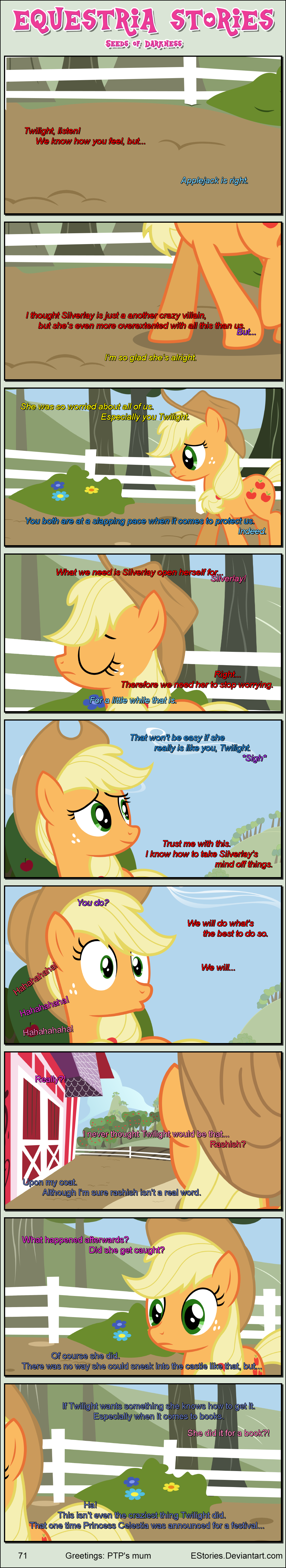 absurd_res apple apple_tree applejack_(mlp) black_border border building clothing cowboy_hat cutie_mark dialogue ears_up earth_pony english_text equid equine estories eyes_closed farm female fence feral food friendship_is_magic fruit fruit_tree hasbro hat headgear headwear hi_res horse long_image mammal my_little_pony off_screen_character plant pony solo sweet_apple_acres tall_image text tree url white_fence wide_eyed