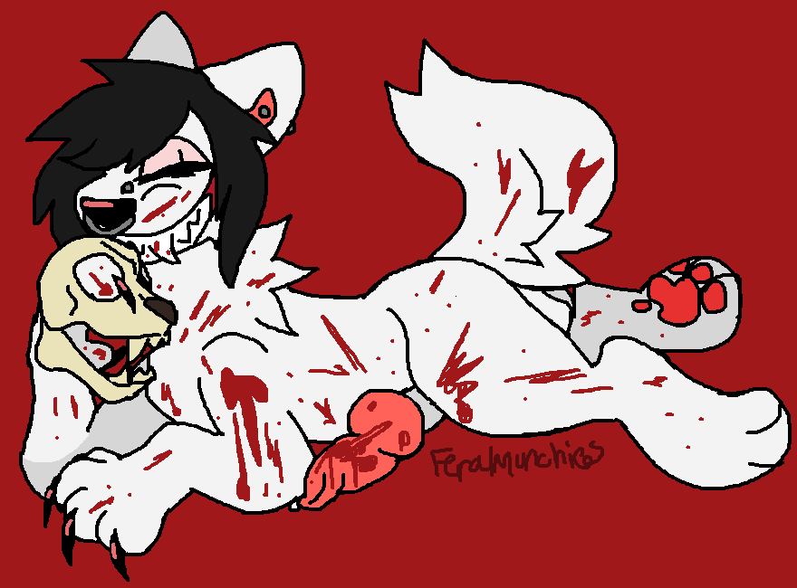 anatomically_correct animal_genitalia animal_penis balls bared_fangs bared_teeth blood blood_on_face blood_on_hand blood_splatter bloodshot_eyes bodily_fluids bone canid canine canine_genitalia canine_penis canis claws creepypasta ear_piercing erection facial_piercing feral feral_with_hair feralmunchies fluffy fluffy_tail genital_fluids genitals glistening glistening_claws glistening_nose hair jeff_the_killer male mammal microsoft_paint nose_piercing nose_ring pawpads paws penis piercing precum red_background ring_piercing septum_piercing septum_ring signature simple_background skull smile snuff solo tail wolf