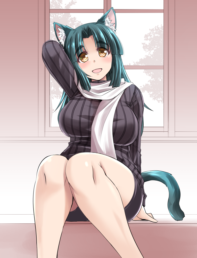 1girl animal_ear_fluff animal_ears black_sweater breasts cat_ears cat_girl cat_tail green_hair indoors large_breasts long_hair long_sleeves looking_at_viewer milk_(tonpuu) open_mouth original ribbed_sweater scarf sitting smile solo sweater tail tonpuu yellow_eyes