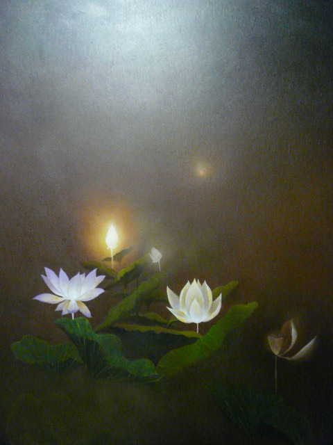 cloud cloudy_sky flower fog light mitzoka2001 night no_humans original painting_(medium) pastel_(medium) shadow sky traditional_media white_flower