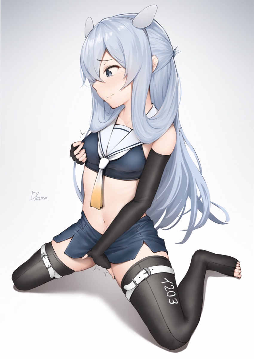 1girl belt black_footwear blue_skirt boots breasts crop_top driftkingtw female_masturbation full_body grabbing_own_breast gradient_neckerchief grey_eyes grey_hair hair_ornament headgear highres i-203_(kancolle) kantai_collection kneeling long_hair masturbation neckerchief pencil_skirt profile sailor_collar school_uniform serafuku signature simple_background skirt sleeveless small_breasts solo thigh_belt thigh_boots thigh_strap toeless_footwear white_neckerchief white_sailor_collar yellow_neckerchief