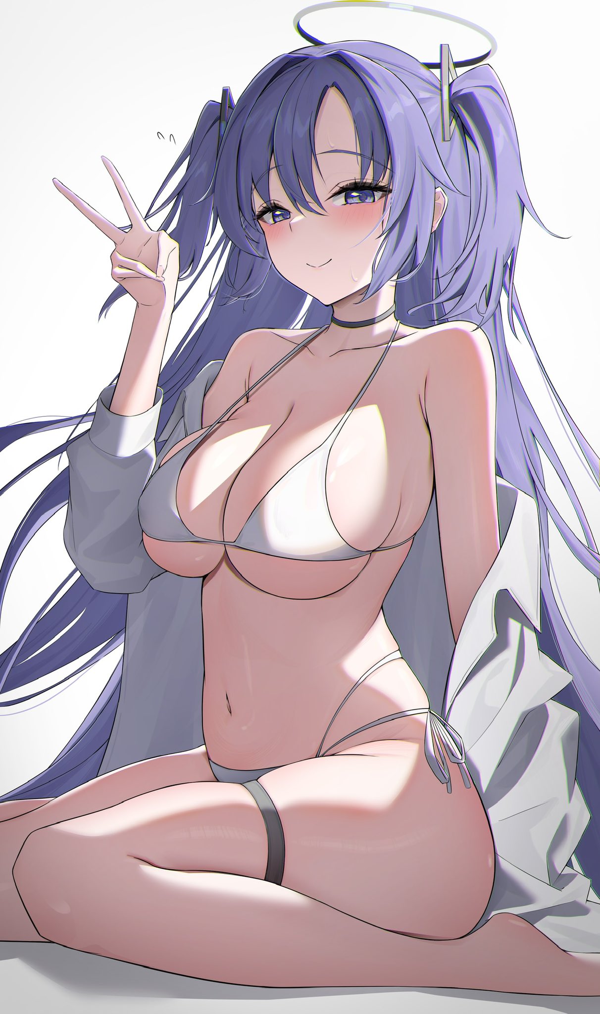 1girl bikini black_choker blue_archive blue_eyes breasts choker closed_mouth halo hand_up highres large_breasts long_hair navel nenight off_shoulder purple_hair shirt sitting smile solo stomach strap_gap swimsuit thigh_strap thighs two_side_up v very_long_hair wariza white_bikini white_shirt yuuka_(blue_archive)