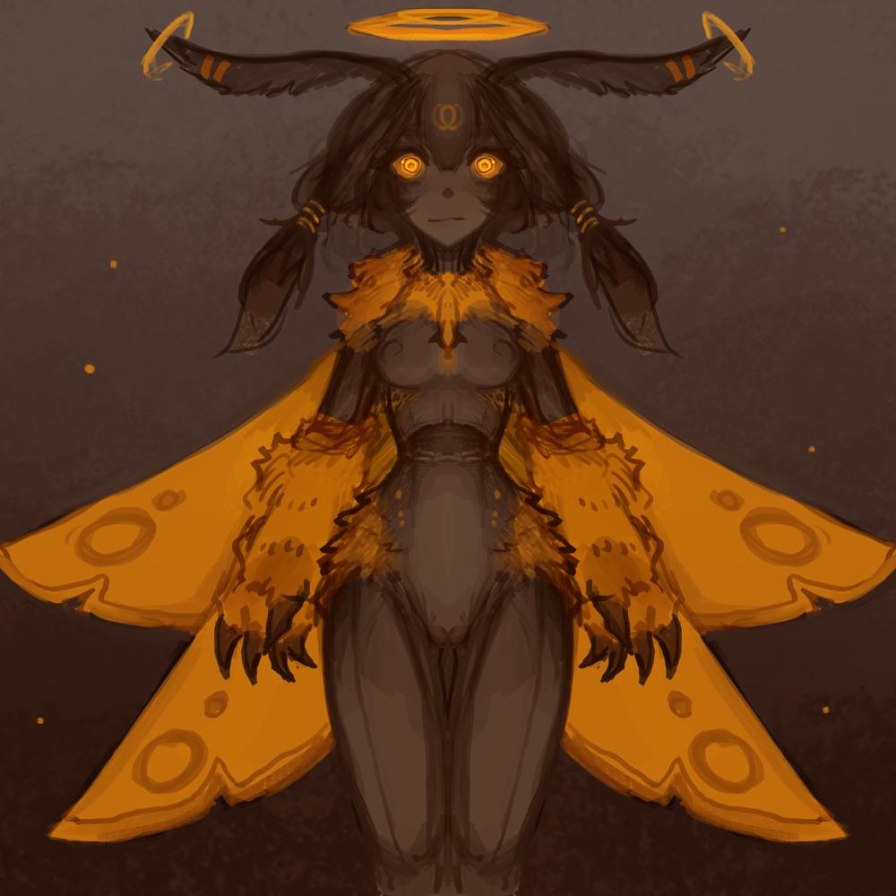 antennae_(anatomy) anthro arthropod arthropod_abdomen breasts brown_hair claws female front_view fur genitals hair insect looking_at_viewer nipples nude pussy solo standing syvaron wings yellow_body yellow_eyes yellow_fur