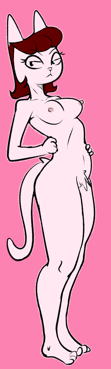 a_kitty_bobo_show anthro breasts brown_hair cartoon_network digital_media_(artwork) domestic_cat eyebrows eyelashes feet felid feline felis female gold-white-kott hair hi_res looking_at_viewer maggie_(kitty_bobo) mammal medium_breasts nipples nude pink_body pubes resting_bitch_face simple_background solo standing tail toes